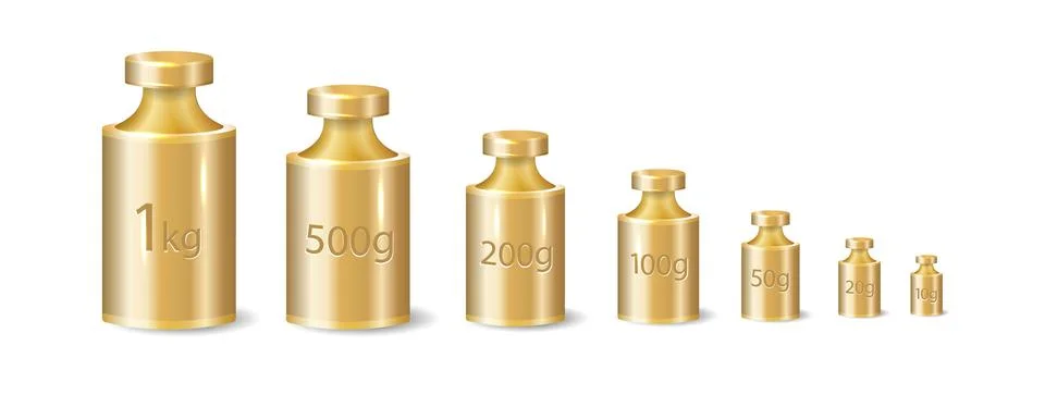 Professional calibration weight set with precise gram measurements. Metal Stock Illustration