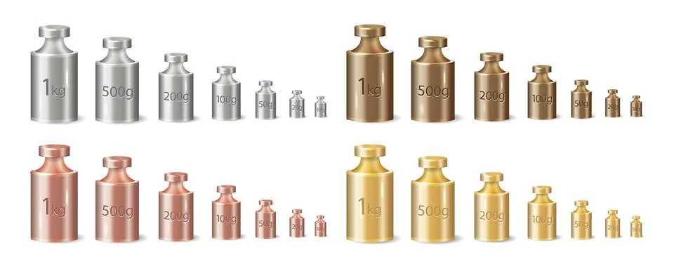 Professional calibration weight set with precise gram measurements. Metal Stock Illustration