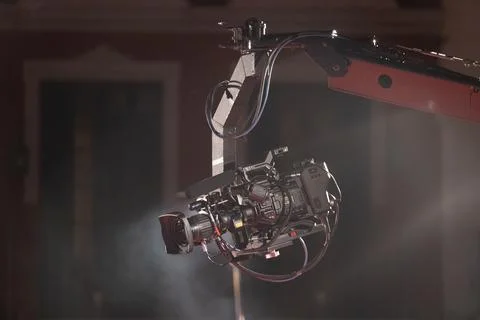 Professional Camera Crane Jib Operating on Film and TV Set 库存照片