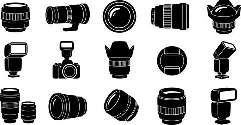 Professional camera lens and flash equipment icons for photography studio b.. Ilustração Stock
