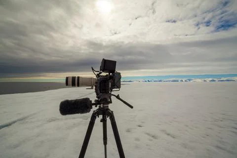 Professional Camera Set Up on Arctic Ice Capturing Landscape Stock Photos