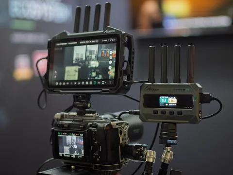 Professional Camera Setup with Wireless Video Transmission Stock Photos