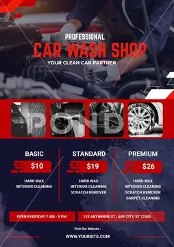 Professional car wash shop services and pricing information flyer PSD 템플릿