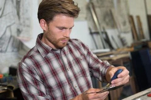 Professional carpenter in his studio Stock Photos