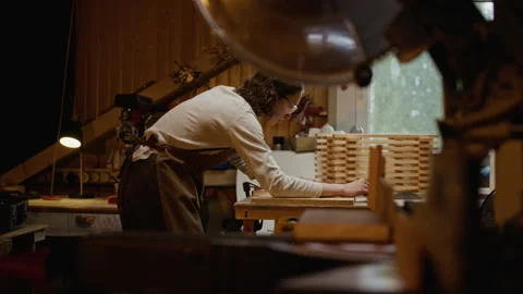 Professional Carpenter Measuring Wood in Carpentry Workshop Stock Footage 340396169