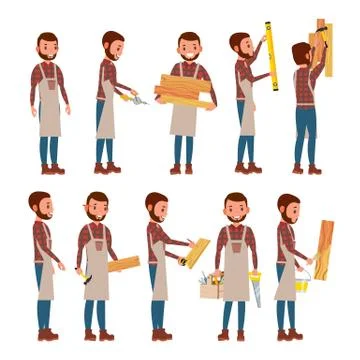 Professional Carpenter Vector. Foreman. Male In Different Poses. Profession Stock Illustration