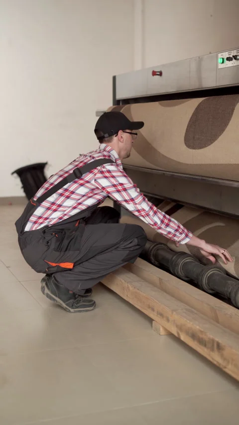 Professional carpet cleaning concept. Laundry worker in cap working on automatic Stock Footage 269696106