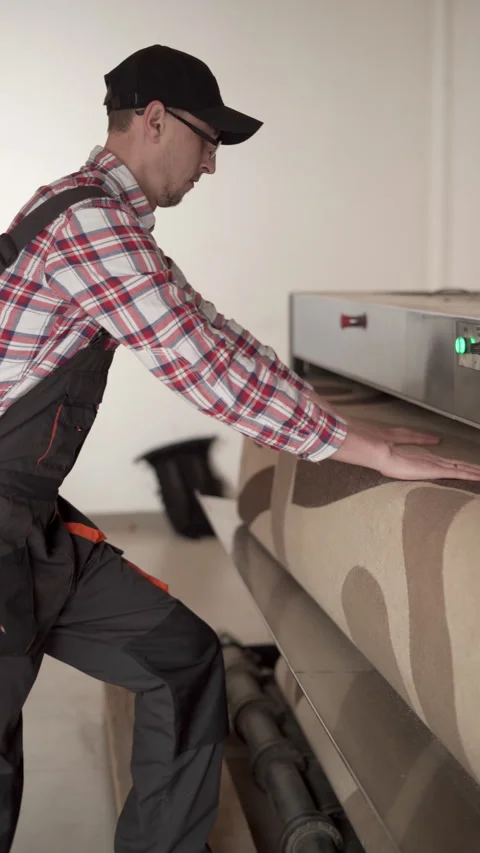 Professional carpet cleaning concept. Laundry worker in cap working on automatic Stock Footage 269761791