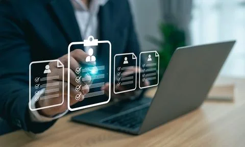Professional Checking and Approval Process with Digital Icons of Resumes an.. 스톡 사진