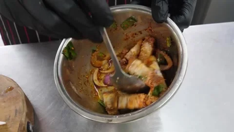 Professional Chef in Black Gloves Marinating Fresh Beef Steak for Barbecue in Me Видео 338211971