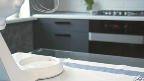 Professional chef is cooking cake. Close up of woman hands puts a metal bowl Stock-Footage 132441042