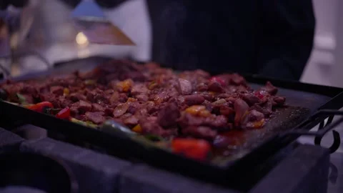 Professional chef cooking savory meat and vegetables Stock Footage 346644482