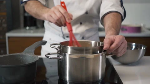 Professional Chef cooks in Restaurant Kitchen - stirs the Ingredients in a Pan. Stock Footage 143415377