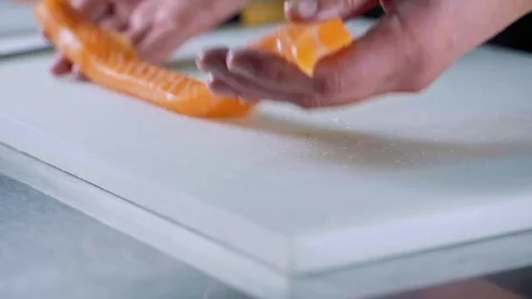 Professional chef cutting fresh salmon Stock Footage 84280189