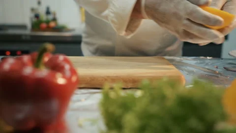 Professional chef cutting peper vegetables in the kitchen for fresh salad, slow  Video stock 90008652