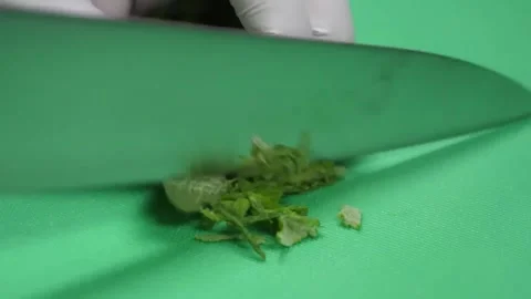Professional Chef Dicing Fresh Green Herbs on a Green Cutting Board, Close-up 스톡 동영상 332811117