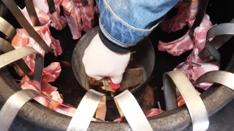 Professional Chef Grilling Juicy Raw Beef Steaks Inside Traditional Charcoal Tan Stock Footage 338210818