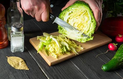 Professional chef hands slicing cabbage with knife close-up. Stock Photos