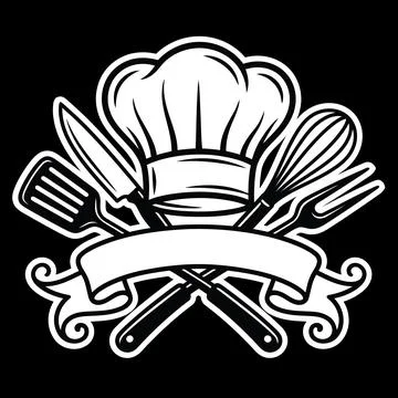 Professional chef hat illustration featuring crossed spatula knife and whis.. Ilustração Stock