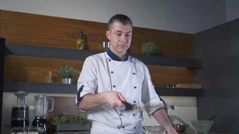 Professional Chef in the Kitchen of Restaurant Tossing Pancakes in Pan. 스톡 동영상 143416120