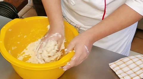 Professional Chef Manually Knead Dough for Bread or Cake in Slow Motion Stock Footage 59591647