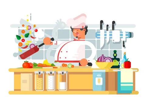 Professional chef prepares in kitchen Stock Illustration
