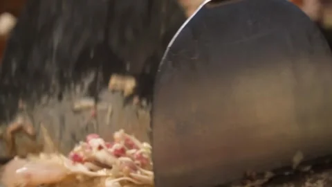 Professional Chef Preparing Authentic Okonomiyaki Savory Pancake on Teppan Gridd Stock Footage 333489867