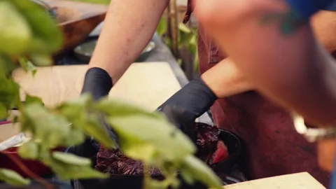 Professional Chef Preparing Gourmet Beef for Outdoor Service Stock Footage 326004079