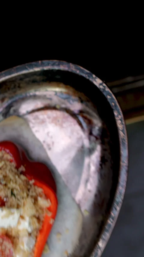 Professional chef preparing stuffed red bell pepper with couscous, feta, cherry Stock-Footage 309166713