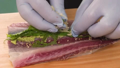 Professional Chef Preparing Traditional Japanese Seared Bonito (Katsuo Tataki) w Stock Footage 333501372