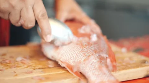 Professional chef preparing a whole red snapper by removing scales with a spoon 動画素材 343435542