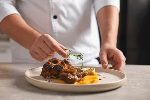 Professional chef serving dish at table indoors, closeup Stock Photos