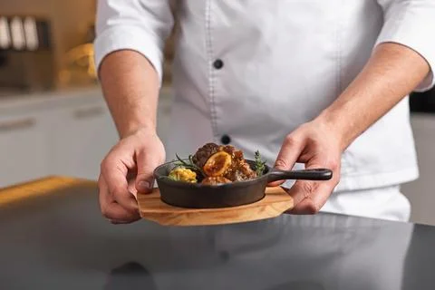 Professional chef serving dish at table indoors, closeup Stock Photos