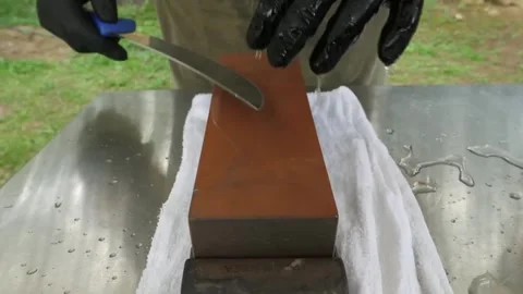 Professional Chef Sharpening Kitchen Knife on Whetstone for Barbecue Preparation Stock Footage 338212859