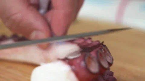Professional Chef Slicing Boiled Octopus Tentacle for Japanese Tako Sashimi Stock Footage 333527000