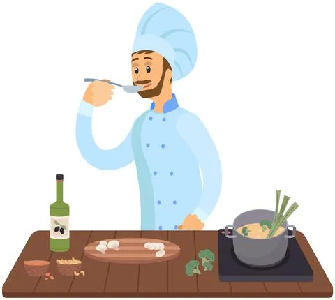 Professional chef stands with spoon and soup pot on stove. Man preparing dish Illustrazione stock