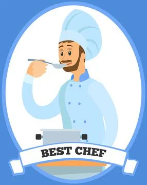 Professional chef stands with spoon and soup pot on stove. Man preparing dish Illustrazione stock