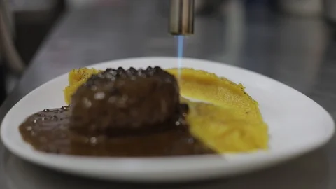 Professional Chef using Torch to Decorate Puree of Fancy Dish Stock Footage 129340447
