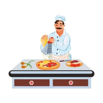 Professional chef in white uniform makes pizza on the table. Vector illustration Stock Illustration