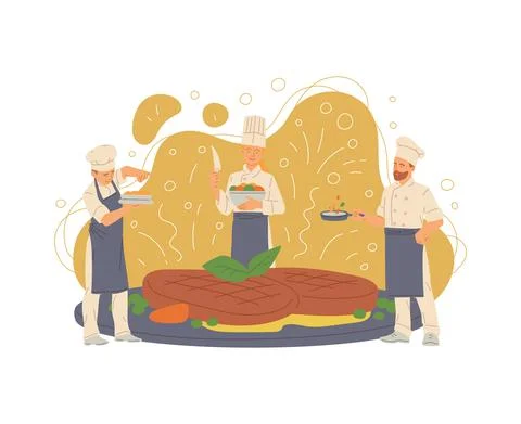 Professional chefs cooking huge roasted beef or pork steaks a vector Illustrazione stock