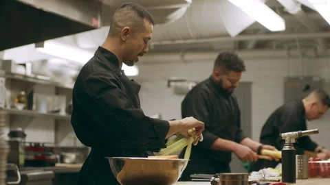 Professional chefs working at their stations at a long counter in industrial kit Stock Footage 199456603