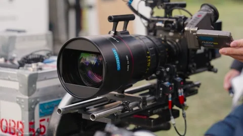 Professional cinema line lens on camera Stock Footage 297826847