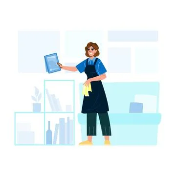 Professional cleaner dusting picture frame during domestic cleaning service Illustrazione stock