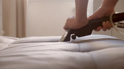 Professional cleaner hands using vacuum cleaner to remove dirt steams from sofa. Stock Footage 311799314