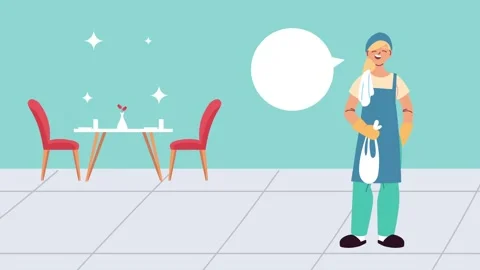Professional cleaner standing in a sparkling clean restaurant dining area w.. Vídeo Stock 339068699