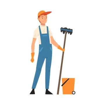 Professional Cleaning Man Standing with Mop and Bucket, Male Worker Character Stock-Illustration