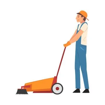 Professional Cleaning Man Using Floor Cleaning Machine, Male Worker Character Illustrazione stock