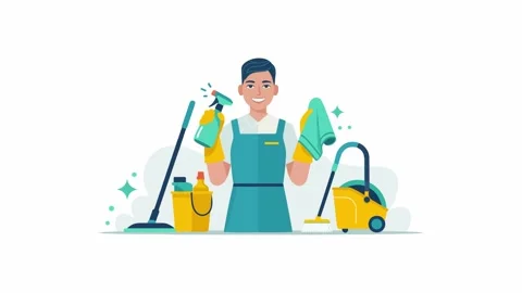 Professional Cleaning Service Concept Vector Animation with Smiling Male Cle 스톡 동영상 335230236