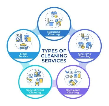 Professional cleaning services types infographic circles flowchart Illustrazione stock