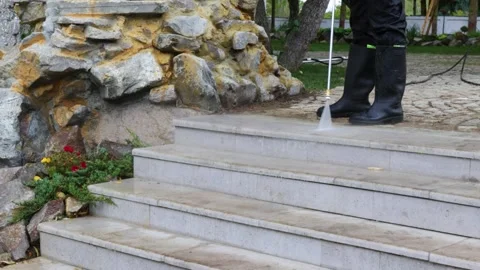 Professional cleaning stone steps Stock Footage 296186856